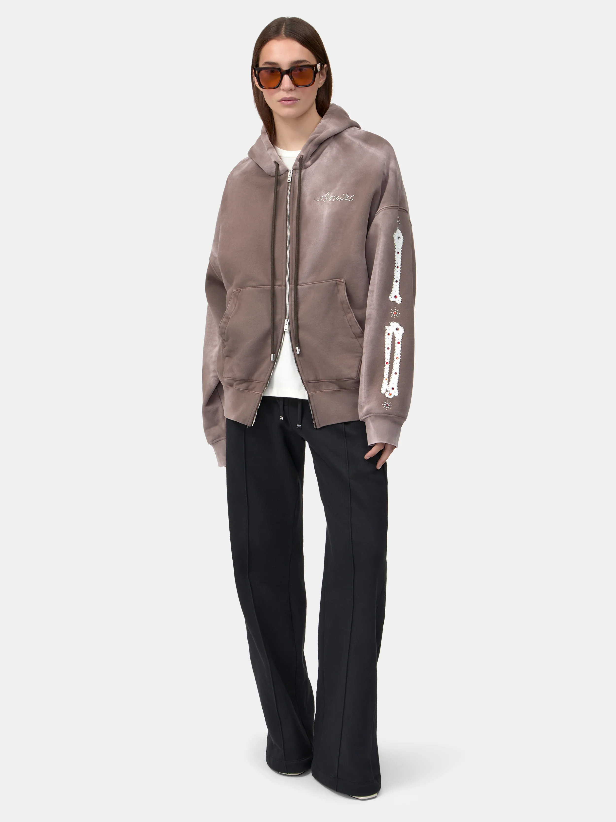 WOMEN - WOMEN'S BONES STUDDED ZIP HOODIE - Dark Brown - Image 2